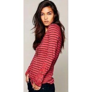 Free People Nantucket Red And Navy Striped Embellished Cuff Long Sleeved Shirt M